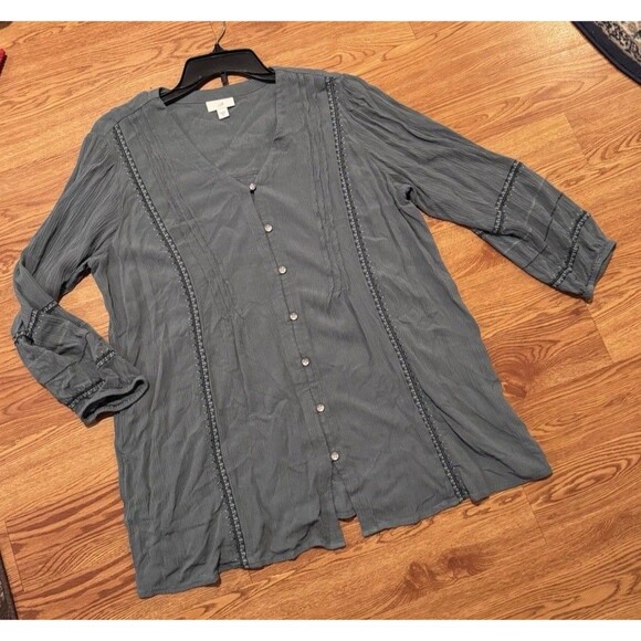 J. Jill Shirt Top Blue Green V Neck Button Front 3/4 Sleeve Size M Lagenlook - Picture 7 of 9